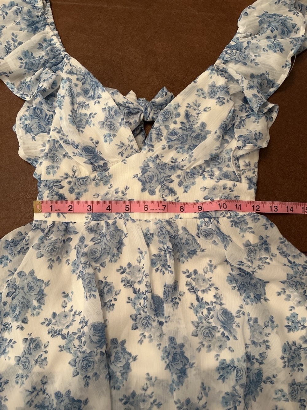 NWT White & Blue Floral Ruffled sleeve Romper Tie Back Tiered babydoll Sz M - Picture 5 of 10